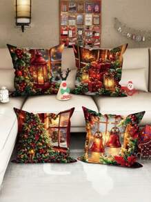 4 Pieces, 18in X 18in, Contemporary Style, Festive Christmas Tree, Holly, And Bell Velvet Throw Pillow Covers - Machine Washable, Zipper Closure, Suitable For Living Room, Bedroom, Sofa, And Bed Decor - Multicolor - View 3