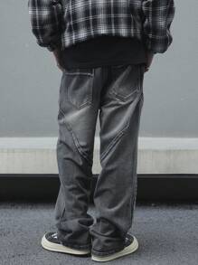 Manfinity EMRG Men's Straight Relaxed Fit Casual Jeans With Pockets, Plain Long Baggy Dark Grey Washed Jeans, For Husband, Boyfriend Gifts - Black - View 2