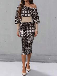 SHEIN Clasi Asymmetrical Neckline Geometric Print Women Long Sleeve Elegant Dress Maxi Women Outfit