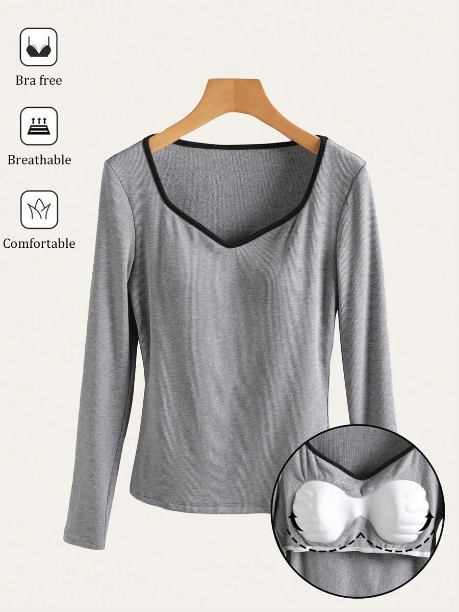 SHEIN BASICS Áo kiểu nữ dáng ôm, màu trơn, cổ tim, tay dài, chất liệu dệt kim. - Màu xám đen - Xem 1