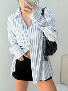 SHEIN Unity 女士休闲落肩长袖宽松浅蓝色条纹衬衫，秋季 - 淺藍色 - 查看 4