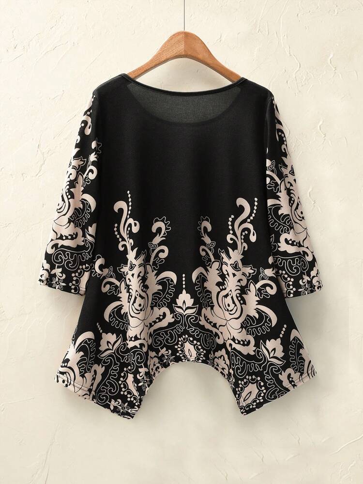 Women's Floral Print Round Neck 3/4 Sleeve Asymmetrical Hem Casual T-Shirt, Spring Summer