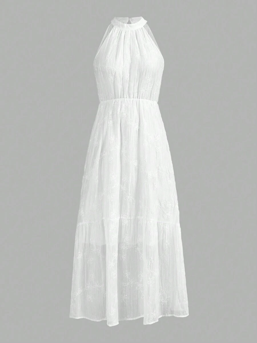Chiquease Women's Solid Color Sleeveless Floral Embroidered Ruffle Hem Halter Tank Dress, Fashionable - White - View 1