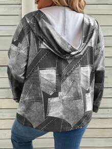 SHEIN LUNE 冬季服装加大码秋季休闲补丁和印花蓝色拉链连帽衫外套带口袋 - 灰色 - 查看 2