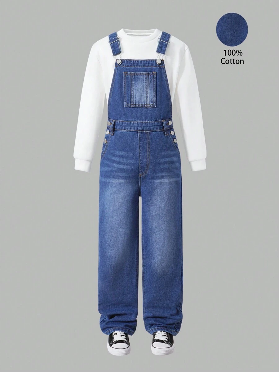 SHEIN Explorewe Tween Girls' Casual Side Button Pockets Denim Jumpsuit, Summer - Dark Wash - View 1