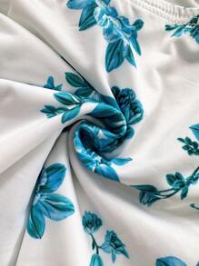 Soleia Blusa de gasa cómoda con estampado floral azul y blanco, corte halter y abertura frontal, adecuada para té de la tarde, temporada de graduación, y como capa para el invierno
