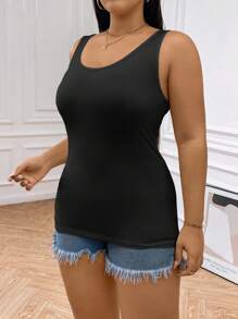 SHEIN Essnce Plus Size Camisole Drinking Tank Top, Women's Black Top, 2 Pieces, Base Top, Hollowed Costumes Sexy Women Outfits Going Out Tops, Two Pieces Outfits Clothes Curve, Women Sweater Top Summer Spring - Black - View 5