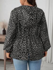SHEIN LUNE Áo khoác nữ cỡ lớn in họa tiết da báo, tay dài, khóa kéo phía trước, có túi, kiểu dáng thường ngày, có mũ trùm đầu, thích hợp cho kỳ nghỉ thu/đông. - Xám - Xem 2