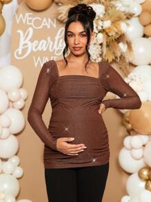 Loomaby Maternity Solid Color Square Neck Long Sleeve Ruched Casual T-Shirt, For Baby Shower Party - Coffee Brown - View 3