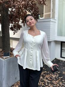 Flirla Plus Size 1pc Women's Casual & Romantic Pleated Sheer Long Sleeve Business Shirt