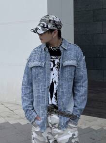 Manfinity EMRG 1pc Men Street Style Single-Breasted Pocket Fringe Denim Jacket