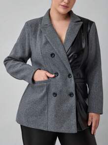 SHEIN Clasi Plus Size Women's PU Patchwork Suit Jacket For Office/Commute Wear In Autumn & Winter - Multicolor - View 1