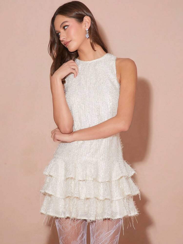 Women's Apricot Sequin Tassel Tiered Cake Ruffle Hem Sleeveless Short Dress, Party, Christmas Dress,Fall Women Clothes,Winter Women Clothes,Fall Wedding Guest Dress