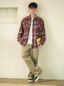 DAZY 男士秋季格纹落肩长袖口袋宽松休闲衬衫