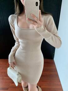 DAZY Women Square Neckline Long Sleeve Fitted Knitted Sweater Dress, Minimalist Style