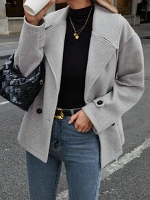 EMERY ROSE 女士时尚简约翻领保暖大衣，适合秋冬季 - 灰色 - 查看 4