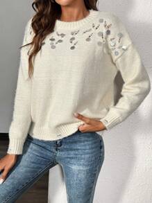 Chiquease Pull décontracté à encolure ronde, épaules tombantes, patchwork de sequins pour femmes, automne/hiver. Pull tricoté d'automne - Beige - Voir 6