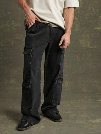 Jeans anchos de carga de mezclilla de algodón premium para hombres