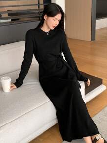 DAZY 2 件女式纯色圆领长袖毛衣和超长针织裙套装，优雅秋冬季 - 黑色 - 查看 3