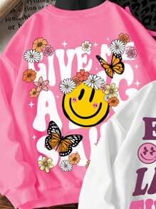 SHEIN Leap Crew 3 件套 Tween 女童休闲豹纹笑脸花卉图案厚款宽松圆领长袖羊毛运动衫，黑色/粉色/白色，适合秋冬季 - 彩色 - 查看 4