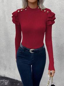 SHEIN LUNE Casual Everyday Button Decor Ruffle Trim Slim Fit Long Sleeve Sweater, Autumn/Winter Knit Pullover Fall - Burgundy - View 6