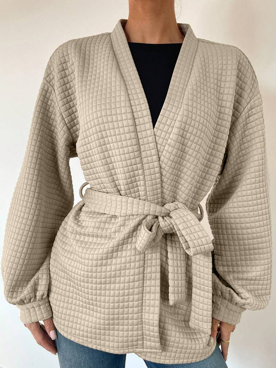 SHEIN Essnce Áo khoác nữ dáng áo choàng tắm thu đông, áo khoác dày dặn, rộng rãi, thoải mái khi ở nhà, áo cổ chữ V du lịch hàng ngày, áo dài tay - Màu Khaki - Xem 1