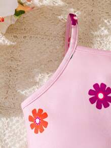 SHEIN Leap Crew Young Girl Floral Knit Camisole Jumpsuit - Pink - View 5