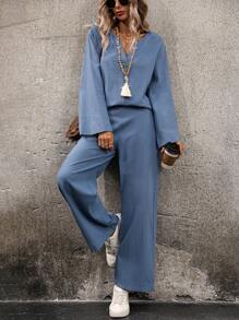 SHEIN LUNE 2-Piece Vacation Casual Solid Notched Neck Shirt & Pants Set - Blue - View 6