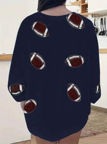 INAWLY Plus Size Casual All-Over Football Print Drop Shoulder Loose T-Shirt, Spring/Autumn