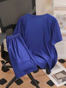 2 件青少年男孩圆领图案印花短袖上衣和短裤休闲套装 - 藏蓝色 - 查看 2