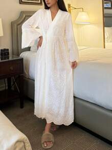 DAZY Bộ đồ ngủ dáng rộng thêu khoét rỗng phong cách Boho, dành cho mùa thu đông - trắng - Xem 6