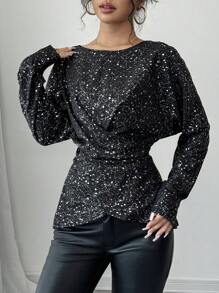 Calvaya 1 szt. Elegancka wysokiej jakości asymetryczna srebrna folia krzyżowa bluzka z długim rękawem dla kobiet z peplum