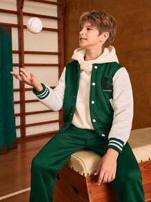 SHEIN 2 pièces/Set Veste bomber imprimée de lettres style collège et pantalon ample décontracté pour garçon préadolescent