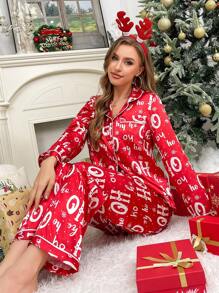 CoupledUp 圣诞节新奇英文文字雪花图案红色节日氛围仿丝绸睡衣套装，秋冬服装 - 紅色 - 查看 8
