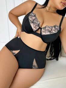 2 piezas Conjunto de lencería sensual y encantador con bordado y empalmado en talla grande