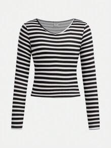 SHEIN 3pcs/Set Tween Girl Striped Cropped V-Neck Long Sleeve Top - Multicolor - View 3