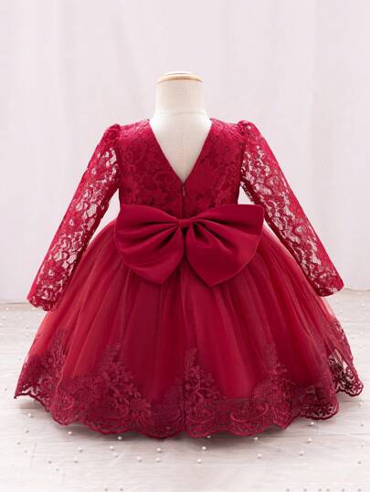Vestido de fiesta para niñas en Navidad, vestido elegante de encaje rojo de manga larga, adecuado para fiestas, bodas, bautizos, 1er cumpleaños