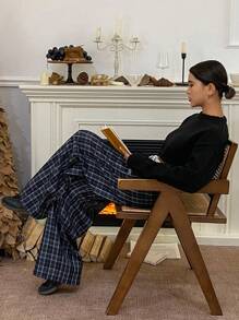 DAZY Plaid Wide Leg Pants Patchwork Contrast Color Letter Drawstring Elastic Waist Women Trousers