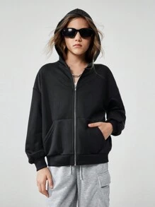SHEIN Chaqueta con capucha con cremallera minimalista de color negro para niñas preadolescentes