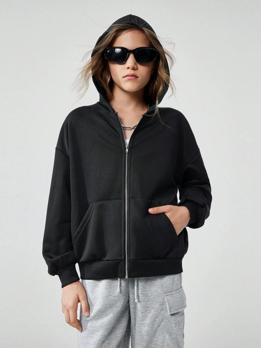 SHEIN Chaqueta con capucha con cremallera minimalista de color negro para niñas preadolescentes
