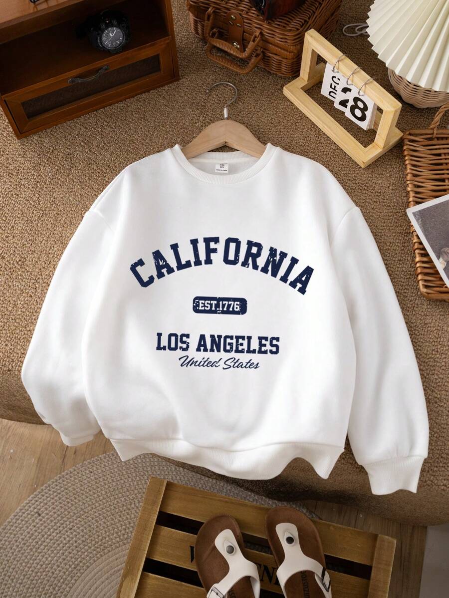 SHEIN Sudadera oversize con estampado de letra de estilo universitario, blanco, confort otoñal/de regreso a clases para niñas preadolescentes