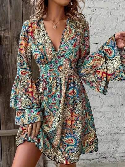 V-Neck Printed A-Line Long Sleeve Dress