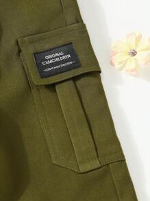 年轻女孩休闲字母和卡通印花绿色工装裤 - 軍綠色 - 查看 6