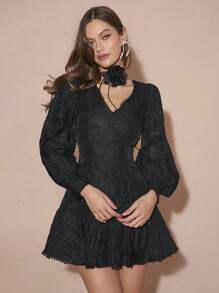 Enchnt Women Floral Jacquard V-Neck Long Sleeve Ruffle Hem Short Elegant Dress