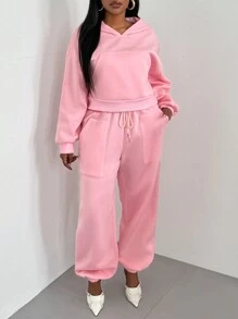 Maweii Conjunto de 2 piezas talla grande: sudadera holgada con bolsillo delantero y pantalón con cintura elástica para mujer, conjunto de atuendo informal - Rosa Pálido - Ver 5
