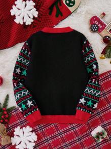 Áo len dài tay màu đen họa tiết khủng long Shetland và ông già Noel dành cho bé trai tuổi teen, thời trang Giáng sinh, mùa thu/đông - Áo đôi bố con (3 món bán riêng lẻ) - màu đen - Xem 2