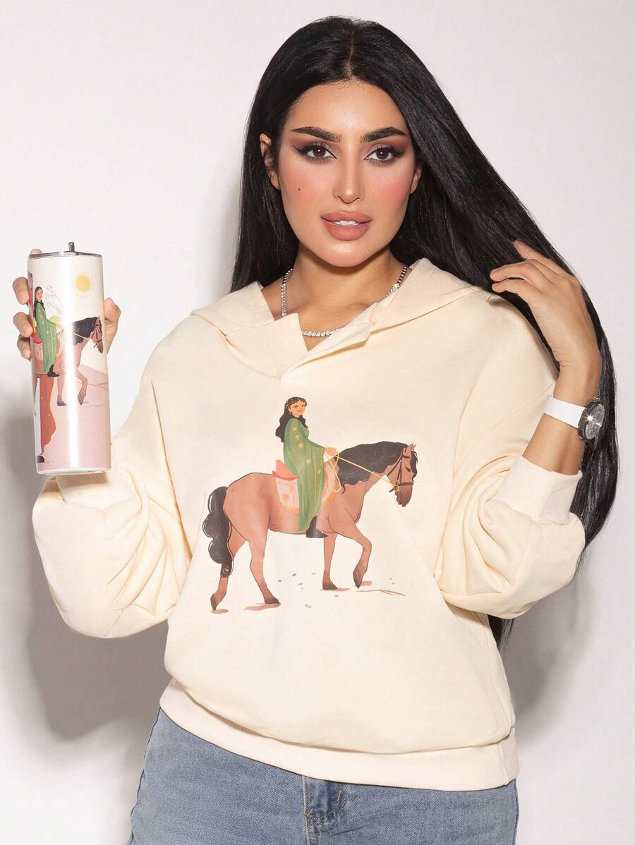 Mulvari Women's Graphic Print Hooded Loose Fit Casual Streetwear Sweatshirt, Casual Comfy Pullover Top Outfit  Fall Outfit