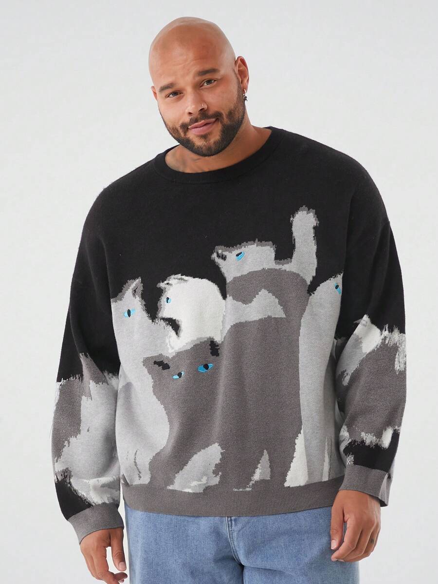 Manfinity VCAY Plus Size Men's Cat Pattern Loose Crew Neck Drop Shoulder Pullover Sweater, Suitable For Autumn/Winter - Multicolor - View 1