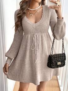 SHEIN Frenchy 女士休闲简约贝壳边抽绳腰部 V 领灯笼袖毛衣连衣裙，秋冬