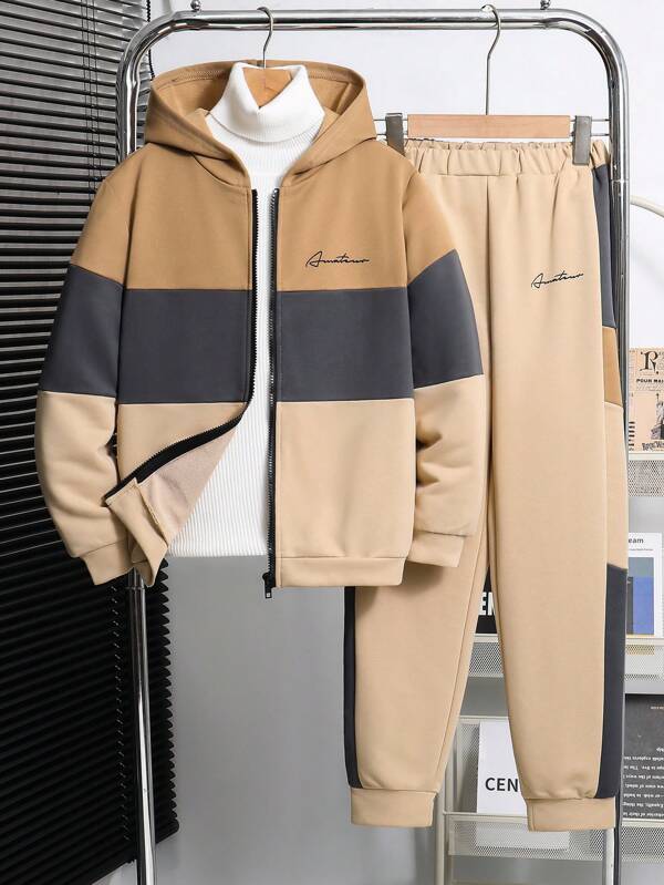 SHEIN 2pcs/Set Tween Boy Knit Contrast Color Casual Loose Hoodie Sweatshirt & Matching Knit Pants Set